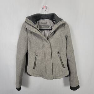 Vero Moda Wool Blend Hooded Zip Jacket Gray Ribbed Hem Lined Short